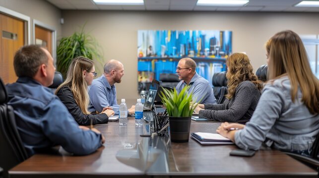 A group of professionals convenes for a business meeting, discussing strategies and exchanging ideas in a modern conference room setting