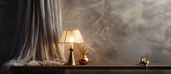 Decorative lamp light with curtain style on grey stone wall and wooden table with gold ornament