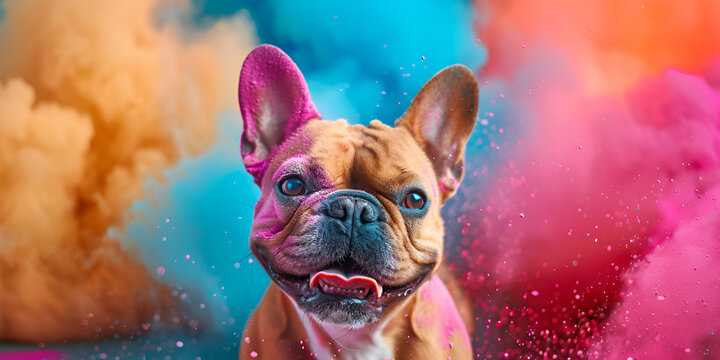 Cute French bulldog covered in bright color paint smears and pink orange neon background, Cute French bulldog with paint Funny playful dog