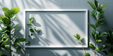 Frame mockup with white wooden frame and houseplants, Empty white horizontal picture frame on grey concrete wall mock up interior