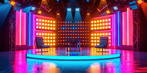 Entertainment Setup: Empty Game Show Talk Show Set Featuring Stage Lighting, Chairs, and a Table - obrazy, fototapety, plakaty