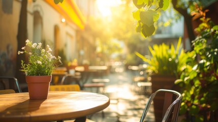 Fototapeta na wymiar Warm sunlight bathes a cozy sidewalk cafe, highlighting an empty menu frame ready for customization.