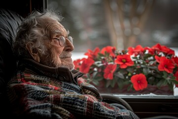 A senior figure wrapped in blankets seems to be enjoying a view with vibrant red flowers visible