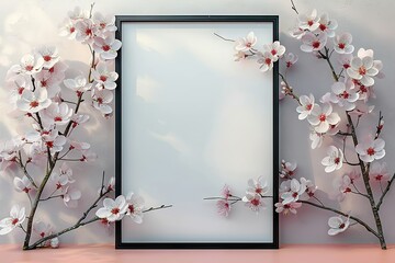 Elegant Blank Frame Surrounded by Blossoming Cherry Flowers on a Soft Pink Wall, Ideal for Art Display or Message Placement