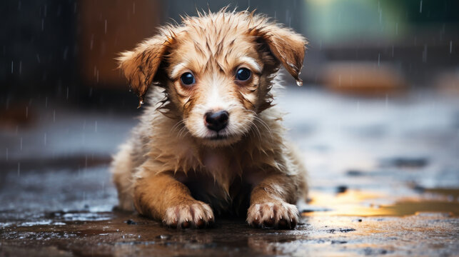 Sad abandoned hungry puppy lies alone on the street in the rain, pet adoption, rescue, helping homeless animals, banner