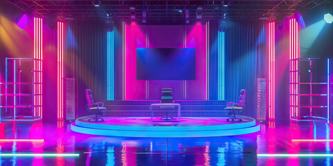 Empty Game Show Talk Show Set With Stage Lights, Chairs, and a Table. Concept of Television Production, Studio Ambiance, Entertainment Setup, Stage Lighting, Talk Show Atmosphere, Showbiz Setting