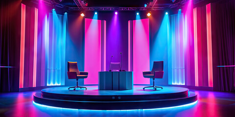 Empty Game Show Talk Show Set With Stage Lights, Chairs, and a Table. Concept of Television Production, Studio Ambiance, Entertainment Setup, Stage Lighting, Talk Show Atmosphere, Showbiz Setting - obrazy, fototapety, plakaty
