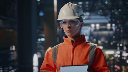 Tablet supervisor checking factory manufacturing facility making notes close up.