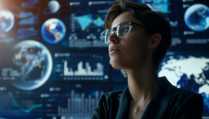 Women interacting technology digital screens displaying various data, charts, and graphs with digital earth, wearing glasses, information and global environmental trends. ecofriendly, blue tone