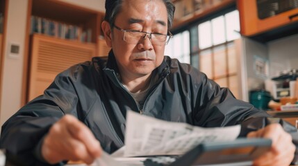 Asian man using calculator to calculate expenses while holding family bills at his home.