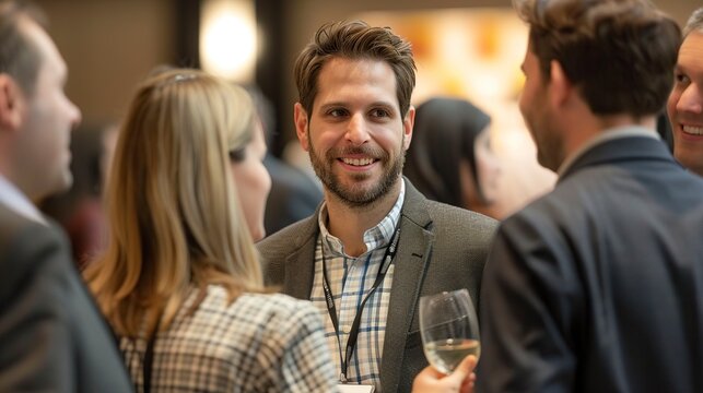 Group of professionals mingling at a business conference, networking and exchanging ideas in a dynamic and collaborative environment.