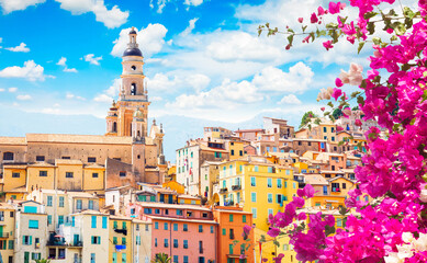 colorful skyline of Menton old town, France, retro toned