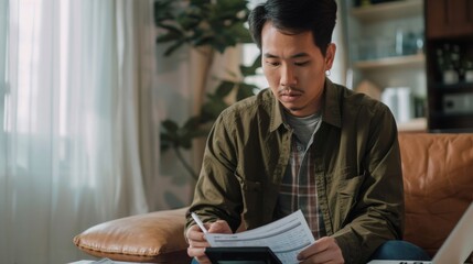 Asian man using calculator to calculate expenses while holding family bills at his home.