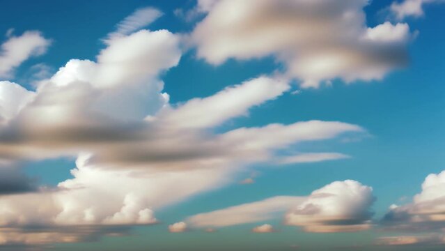 A panoramic time lapse video showcases the expansive blue sky, dotted with rolling white clouds. Weather and Wind patterns concept. Cinematic footage. Timelapse. Horizon background. 4K HDR.
