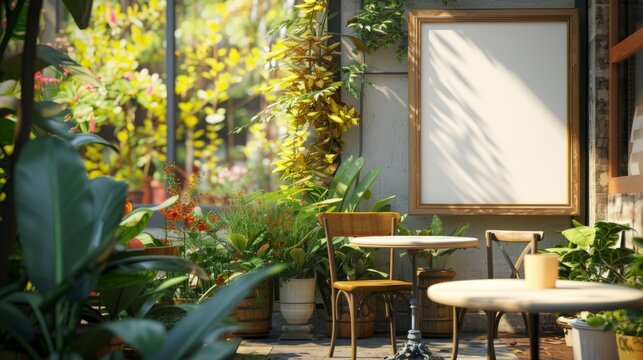 Warm sunlight bathes a cozy sidewalk cafe, highlighting an empty menu frame ready for customization.