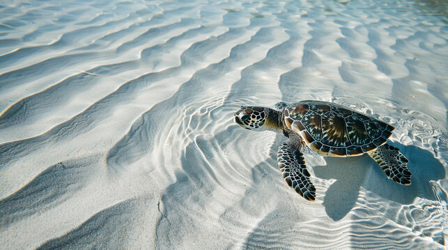 A serene shot of a sea turtle emerging from the crystal-clear water onto a pristine white beach, leaving ripples behind.