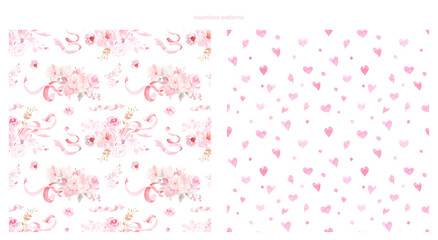 Watercolor pink seamless pattern with cute Bunny, ribbones, bows. gender reveal party. hand drawn illustration, Baby shower clipart. Wrapping paper, for card, fabric, invitation, printing, 