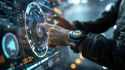 Fototapeta premium A futuristic holographic interface projected from a sleek smartwatch worn on a businessman's wrist, showcasing cutting-edge technology in the palm of your hand.