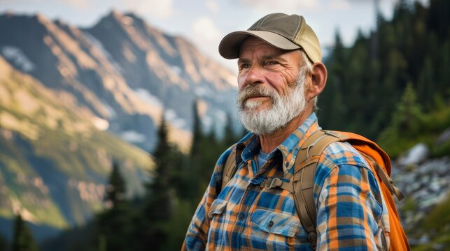 Portrait of senior sport looking man with backpack in the mountains