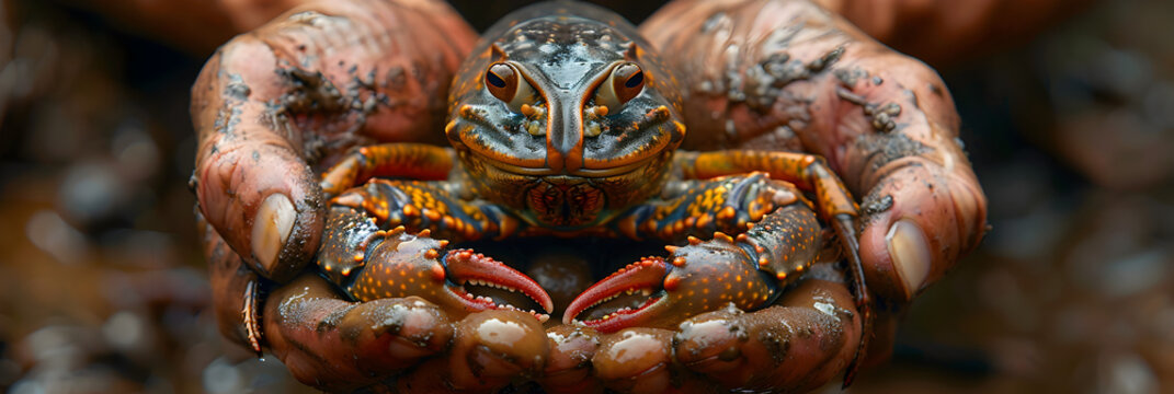 Close Up of Hands Holding a Marron,
Crab show claw on hand in the river streams water nature forest Spiny rock crab