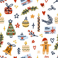 Seamless pattern with decorated Christmas trees, candles, holly berry and gingerbread man, gift boxe