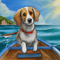 푸른 바다 위에 보트를 타고 있는 강아지 - obrazy, fototapety, plakaty