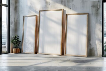 Three Blank Canvas Frames Leaning Against a Distressed Concrete Wall, Illuminated by Natural Light