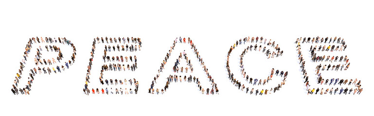 Concept conceptual large community of people forming the PEACE word. 3d illustration metaphor for hope, freedom, democracy, treaty, love, happiness, unity, religion, white dove and olive branch