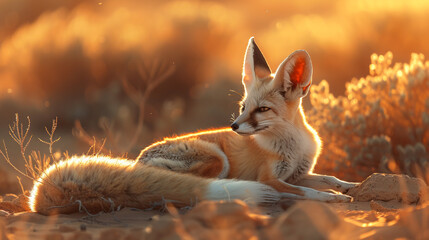 A sleek and elusive fennec fox basking in the golden hues of a desert sunset.