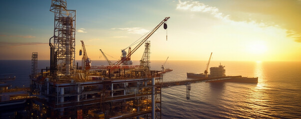 Obraz premium Offshore Oil station in sea and Oil production at evening time