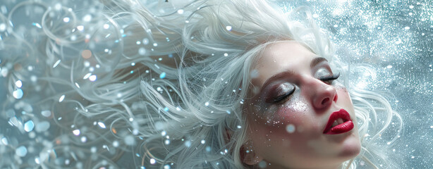 Beautiful woman with white hair and silver glitter on her face, with flowing hair against a silver...