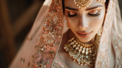 A bride wearing a wedding dress bearing the traces of Eastern world culture. An elegant, beautiful, happy and sweet bride with beautiful gold and precious jewelry, with the light of love shining in he