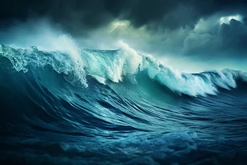 Fototapeten Sea Storm view, waves with foam in storm, seascape, sea or ocean under dark blue clouds, turquoise colour of water. Mountains coastline. Big Waves. © Andrii IURLOV