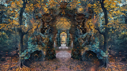 Parallel Realms: Doorways to Different Worlds in a Mystical Forest.