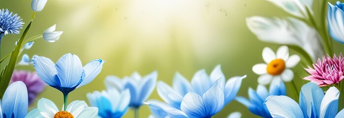 Fototapeta premium Blue flowers on a green background in sunlight, a banner for a website, advertising. Spring, summer
