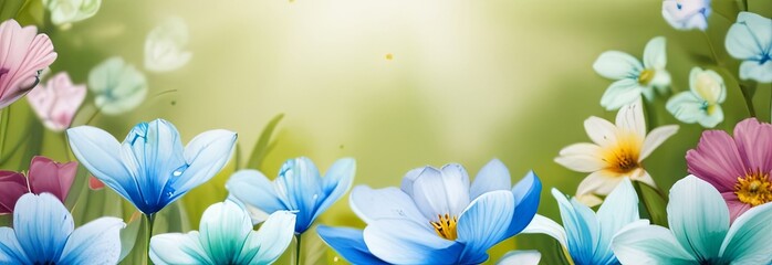 Blue flowers on a green background in sunlight, a banner for a website, advertising. Spring, summer