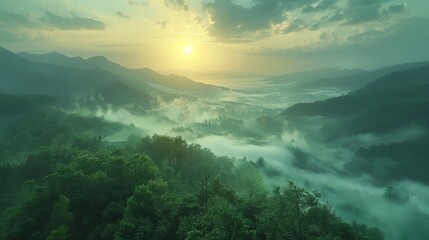 The sun rises, casting a warm light over a breathtaking landscape of mist-filled valleys nestled between green mountain ridges. - obrazy, fototapety, plakaty