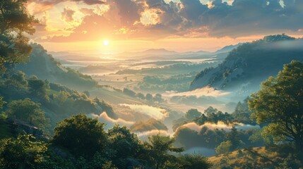 The golden sunrise spills over a breathtaking landscape of mist-filled valleys and undulating hills, painting a serene picture.