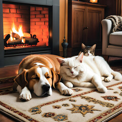 dog and cat in front of fireplace. generative ai