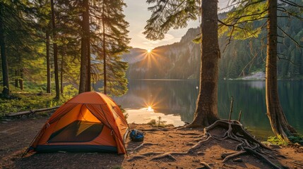 Camp tent in front of the stunning forest lake view with sunset. Banner with copy space