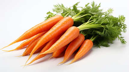 Bunch of fresh and sweet carrots with leaves on white background