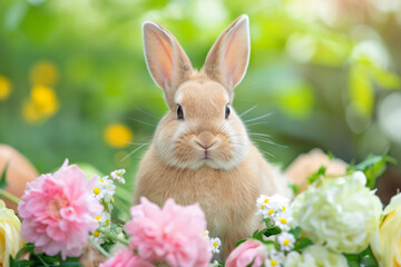 Cute Easter bunny on a bright meadow, in spring flowers. Generative aI - 753582704