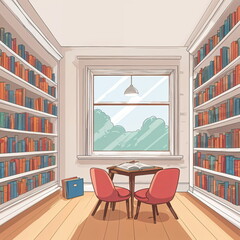 Fototapeta premium library with bookshelves on both sides of the room. The room has a table with two chairs in the middle, and a window at the far end. The window looks out onto a landscape.