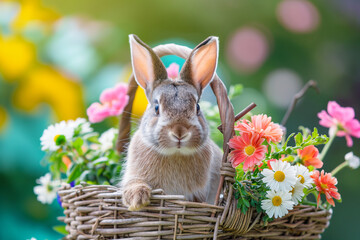 Cute Easter bunny on a bright meadow, in spring flowers. Generative aI - 753582727