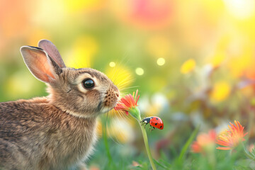 Cute Easter bunny on a bright meadow, in spring flowers. Generative aI - 753582745