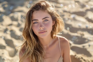 Serene Young Woman with Freckles Enjoying Sunshine on Golden Sandy Beach Portrait