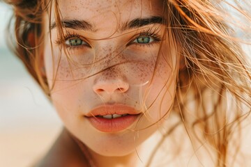 Close-up Portrait of a Young Woman with Freckles and Green Eyes on a Sunny Beach Day, Wind in Hair, Natural Beauty and Youthfulness Concept