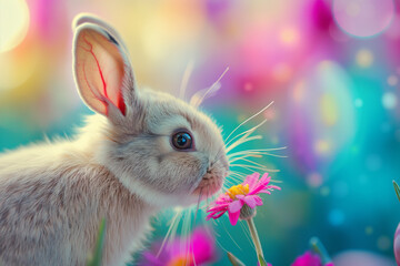 Cute Easter bunny on a bright meadow, in spring flowers. Generative aI - 753582759