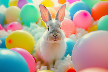 Cute Easter bunny with balloons. Easter party. Generative Ai - 753582901