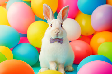 Cute Easter bunny with balloons. Easter party. Generative Ai - 753582917